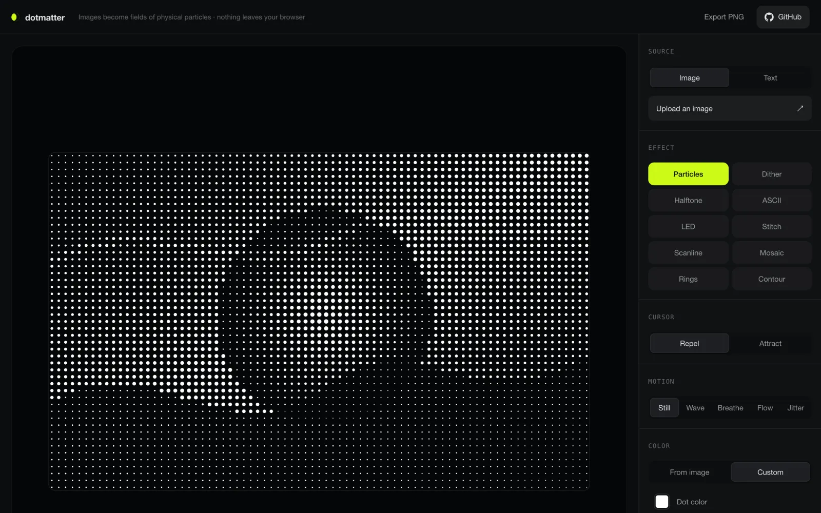 dotmatter playground rendering a photo as a field of white particles