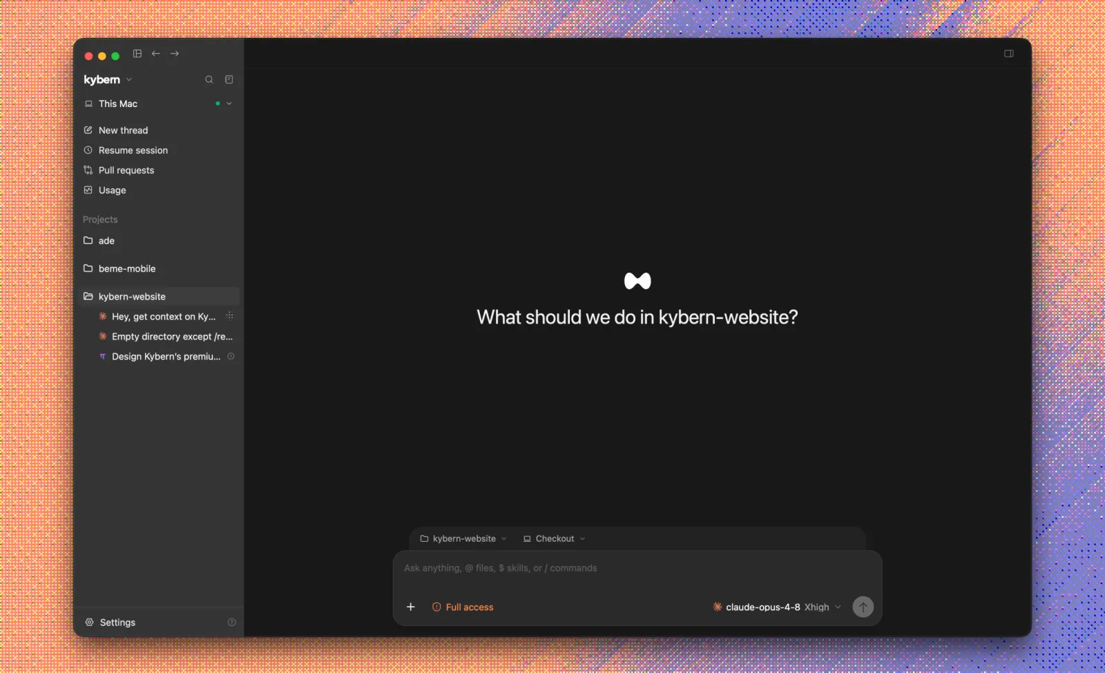 Kybern desktop app with its thread sidebar and an empty new thread